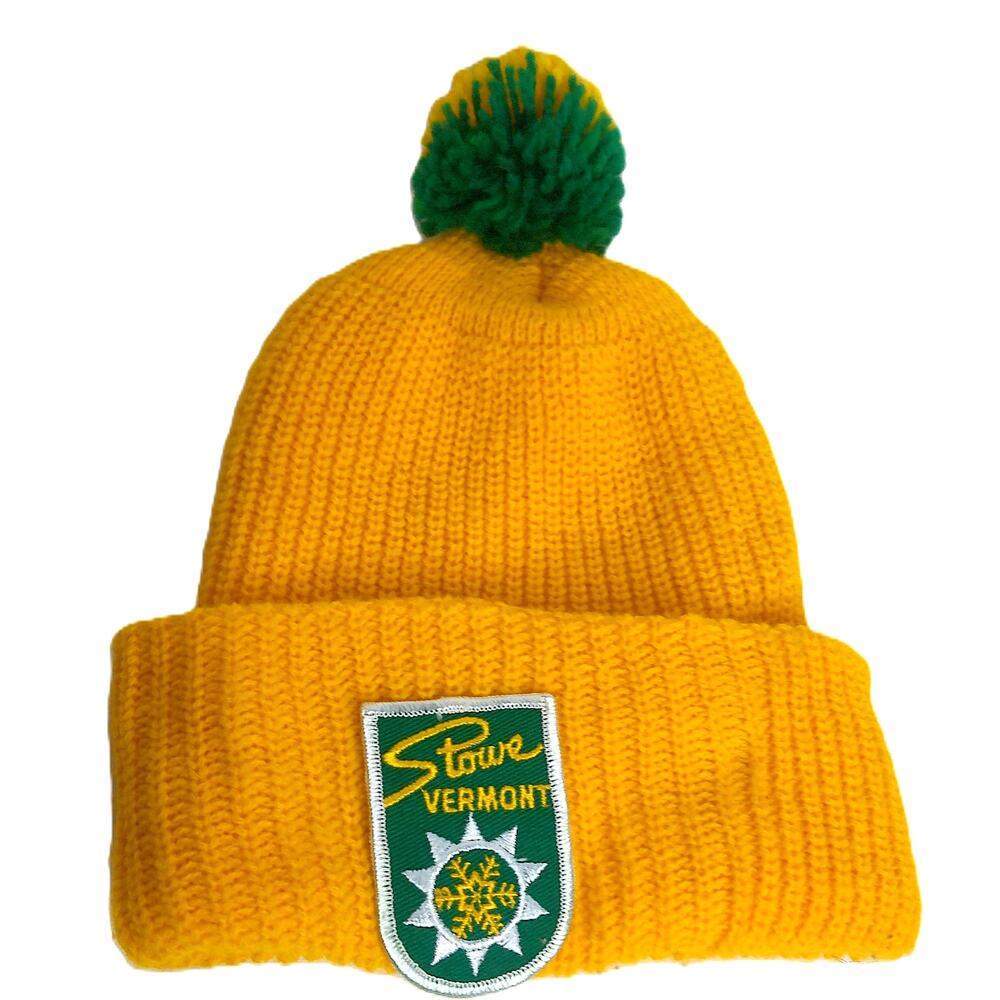 Vintage Stowe Vermont Ski Beanie Yellow & Green Knit Pom Hat with Logo Patch
